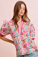 Load image into Gallery viewer, BiBi Woven Flower Print Top with Contrasting Trim in Pink ON ORDER
