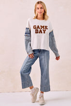 Load image into Gallery viewer, BiBi Sweatshirt with Denim Sleeves and GAMEDAY Letter Patches in Ivory

