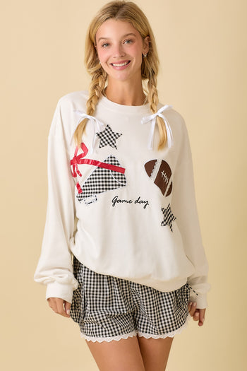 Main Strip Football Game Day Patchwork Top in White