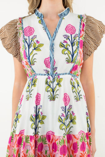 thml maxi dress THML Mixed Floral Print and Contrasting Prints Maxi Dress in White S