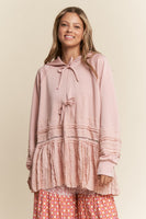 J.nna Mixed Fabric Lace Trim Hooded Jacket in Baby Pink