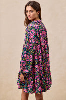 BiBi Floral Print Half Button Front Mini Dress in Navy/Fuchsia