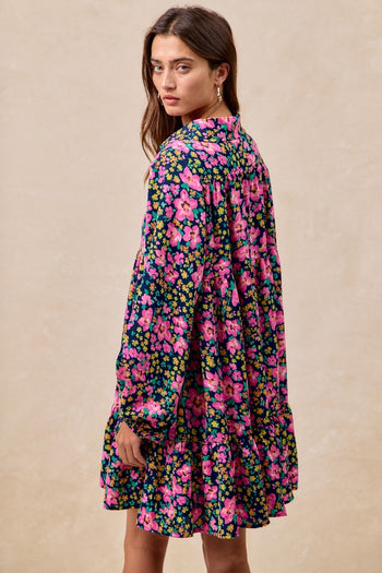 BiBi Floral Print Half Button Front Mini Dress in Navy/Fuchsia