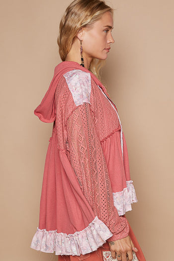 POL Contrasting Fabric Hooded Jacket in Raspberry Rose