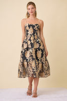 Main Strip Metallic Floral Embossed Midi Dress in Black