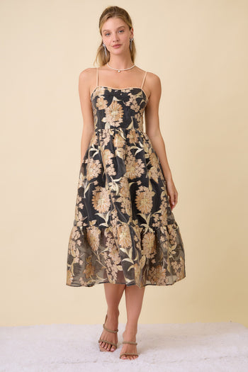 Main Strip Metallic Floral Embossed Midi Dress in Black