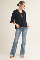 Jodifl Scallop Edge Top with Animal Print Detail in Black