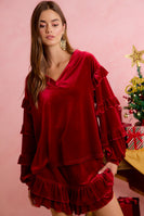 BiBi Holiday Velvet Ruffled Sleeves V Neck Top in Crimson