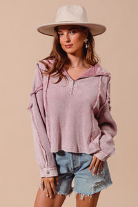 So Me SEMI-CROPPED Knit and Thermal Mixed Fabric Top in Mauve