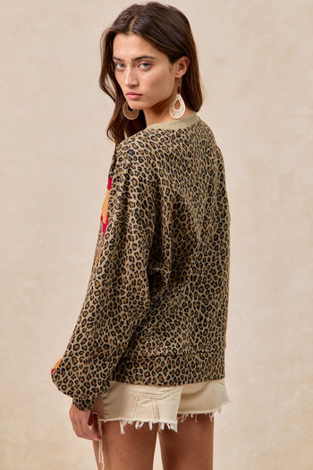 BiBi French Terry Leopard Print Top with Contrasting Color Block Stripes in Red/Pumpkin
