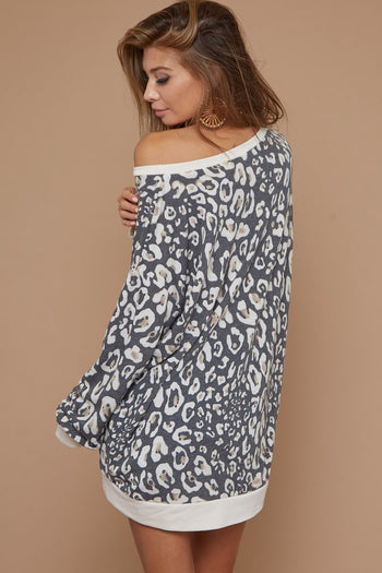 BiBi Lightweight French Terry Leopard Print Top in Taupe Band