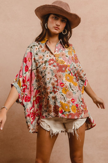 BiBi OVERSIZED Floral Print Button Down Top in Rose Mix ON ORDER