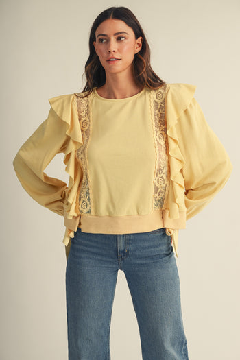 LovLov Romantic Lace Casacade Pullover Top in Butter Yellow