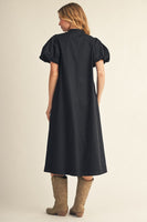 Jodifl Puff Sleeves Applique Accent Midi Dress in Black