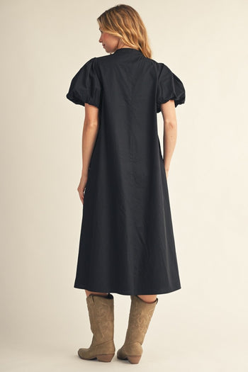 Jodifl Puff Sleeves Applique Accent Midi Dress in Black