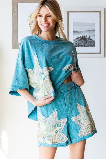 Oli & Hali Multi Print Star Patched Top and Short Set in Blue