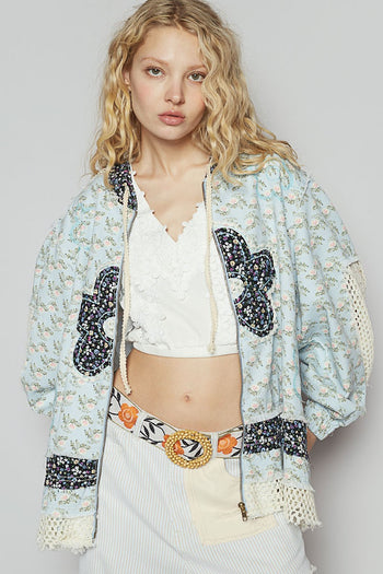 POL Floral Print Twill Jacket with Crochet Details in Baby Blue Floral