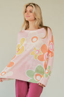 Davi & Dani Multi Color Flower Print Knit Top in Pink Multi