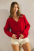 LovLov Solid Color Knit Cardigan with Bow Front Details in Red