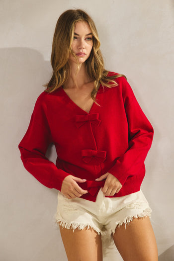 LovLov Solid Color Knit Cardigan with Bow Front Details in Red