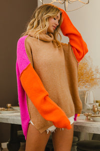 BiBi Turtle Neck Color Block Sweater in Latte/Orange/Magenta