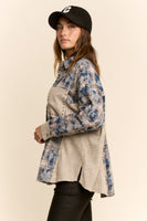 Davi & Dani Air-Sprayed Plaid Pocket Button Front Top in Teal Navy