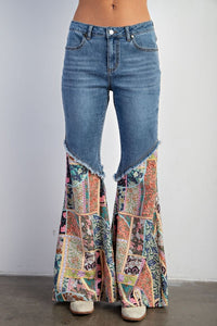 Easel Denim and Mixed Print Bell Bottom Jeans in Washed Denim ON ORDER Pants Easel   