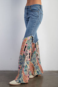 Easel Denim and Mixed Print Bell Bottom Jeans in Washed Denim ON ORDER Pants Easel   