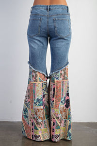 Easel Denim and Mixed Print Bell Bottom Jeans in Washed Denim ON ORDER Pants Easel   