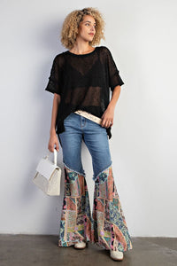 Easel Denim and Mixed Print Bell Bottom Jeans in Washed Denim ON ORDER Pants Easel   