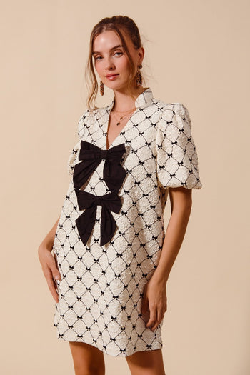 So Me Jacquard Ribbon Print Dress with Big Ribbon Bow Appliques in Ivory