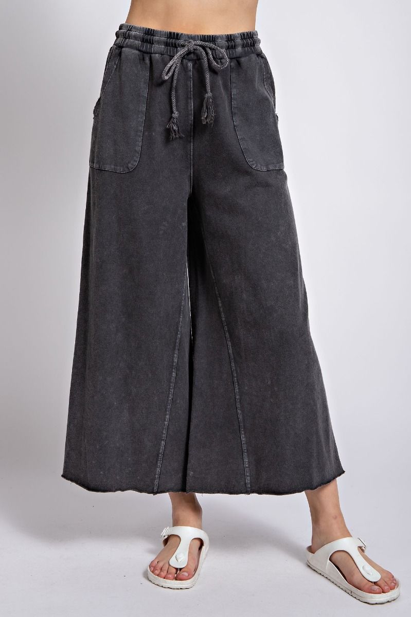 Easel Washed Terry Knit Wide Leg Pants in Black