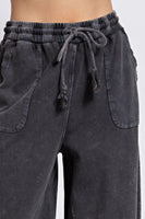 Easel Washed Terry Knit Wide Leg Pants in Black