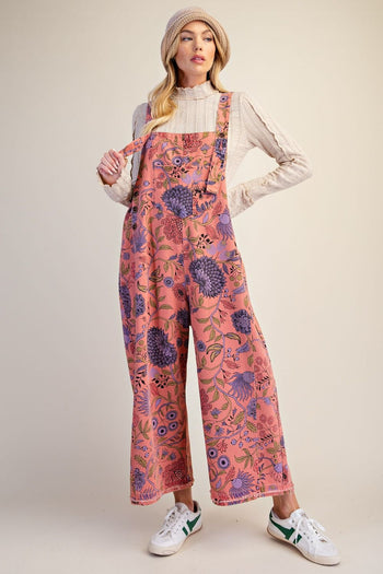 Easel Oversized Floral Print Denim Overall Jumpsuit in Antique Rose