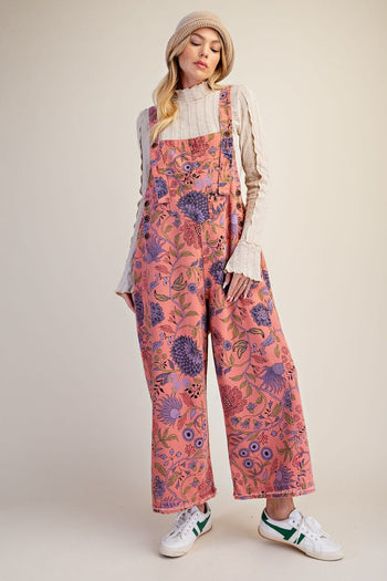 Easel Oversized Floral Print Denim Overall Jumpsuit in Antique Rose