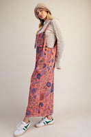 Easel Oversized Floral Print Denim Overall Jumpsuit in Antique Rose