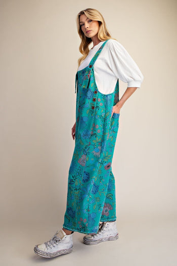 Easel Oversized Floral Print Denim Overall Jumpsuit in Atlantis Green