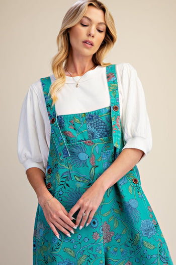 Easel Oversized Floral Print Denim Overall Jumpsuit in Atlantis Green