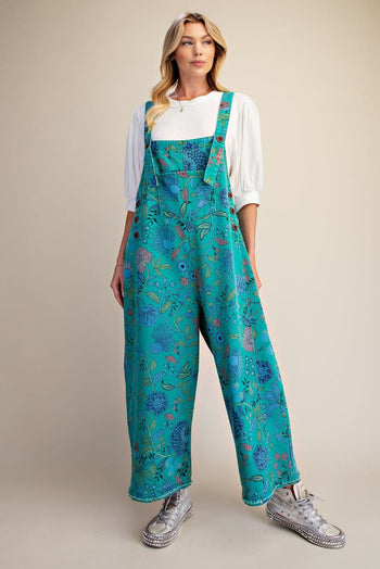 Easel Oversized Floral Print Denim Overall Jumpsuit in Atlantis Green