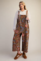 Easel Oversized Floral Print Denim Overall Jumpsuit in Mocha
