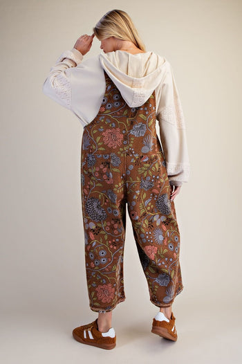 Easel Oversized Floral Print Denim Overall Jumpsuit in Mocha
