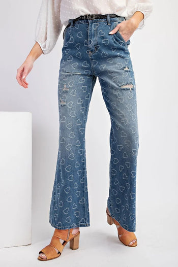 Easel Heart Patterned Washed Denim Jeans