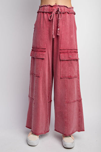 Easel Mineral Washed Terry Knit Cargo Pants in Cherry Blossom Pants Easel   