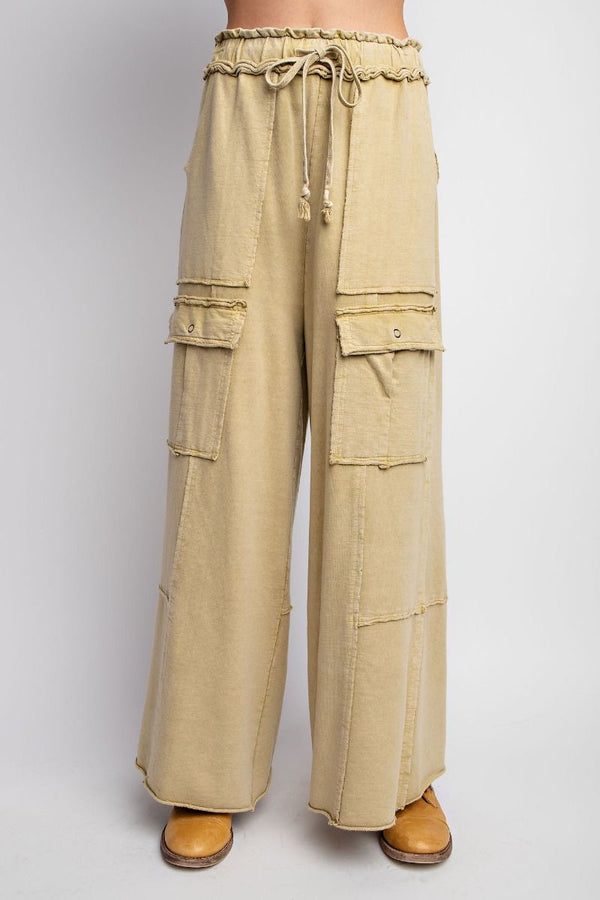 Easel Mineral Washed Terry Knit Cargo Pants in Honey Mustard Pants Easel   