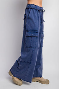 Easel Mineral Washed Terry Knit Cargo Pants in Royal Blue Pants Easel   