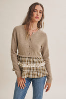 In February Quiet Cottage Mixed Media Plaid Peplum Sweater Cardigan in Oatmeal/Olive