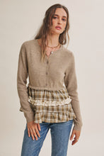 Load image into Gallery viewer, In February Quiet Cottage Mixed Media Plaid Peplum Sweater Cardigan in Oatmeal/Olive
