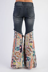 Easel Denim and Mixed Print Bell Bottom Jeans in Black Denim ON ORDER Pants Easel   