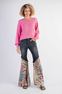 Easel Denim and Mixed Print Bell Bottom Jeans in Black Denim ON ORDER Pants Easel   