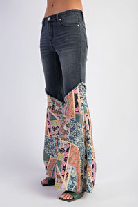 Easel Denim and Mixed Print Bell Bottom Jeans in Black Denim ON ORDER Pants Easel   